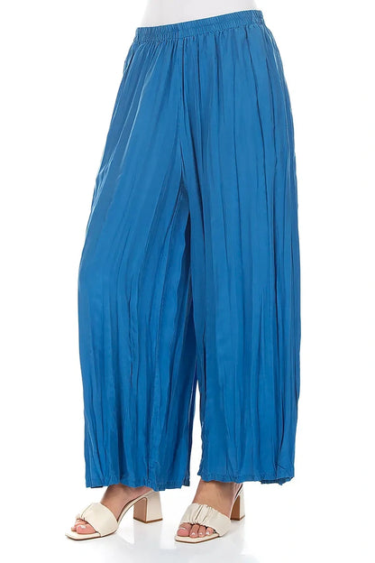 Wide Flowy Cobalt Blue Crumpled Pure Silk Trousers 3