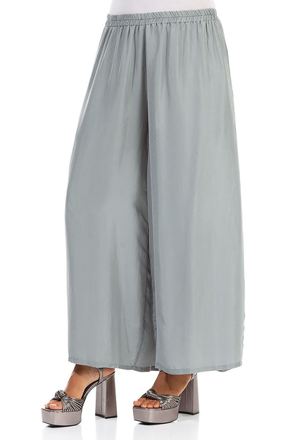 Wide Flowy Grey Sage Pure Silk Trousers 3