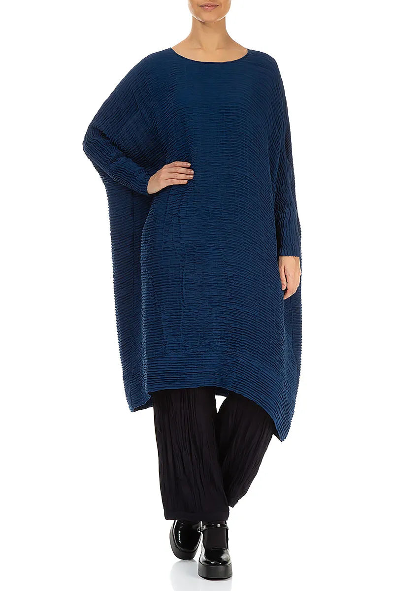 Wide Royal Blue Plissé Silk Kaftan Dress 4