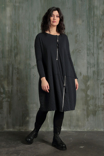 Zips Embellished Grey Wavy Cotton Dress 6