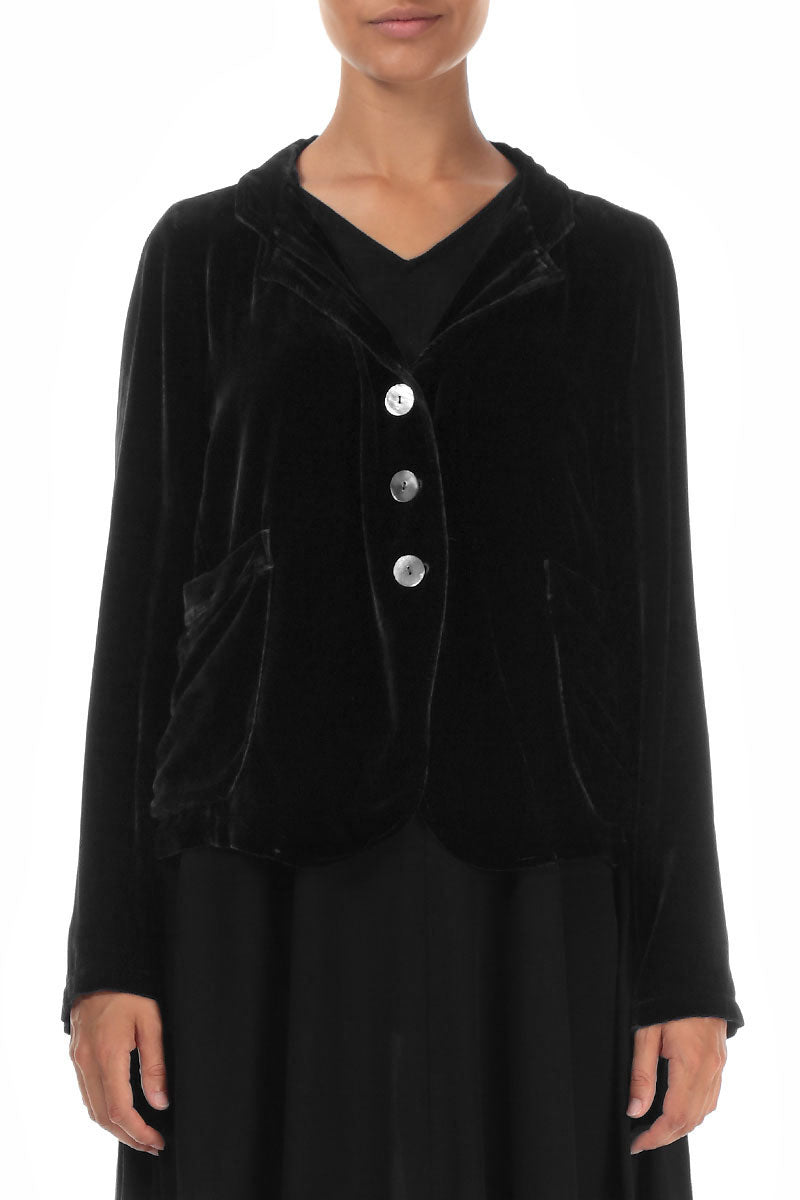 Buttoned Black Silk Velvet Jacket 1