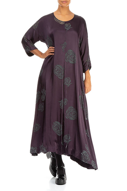 Flared Roses Purple Silk Dress 4